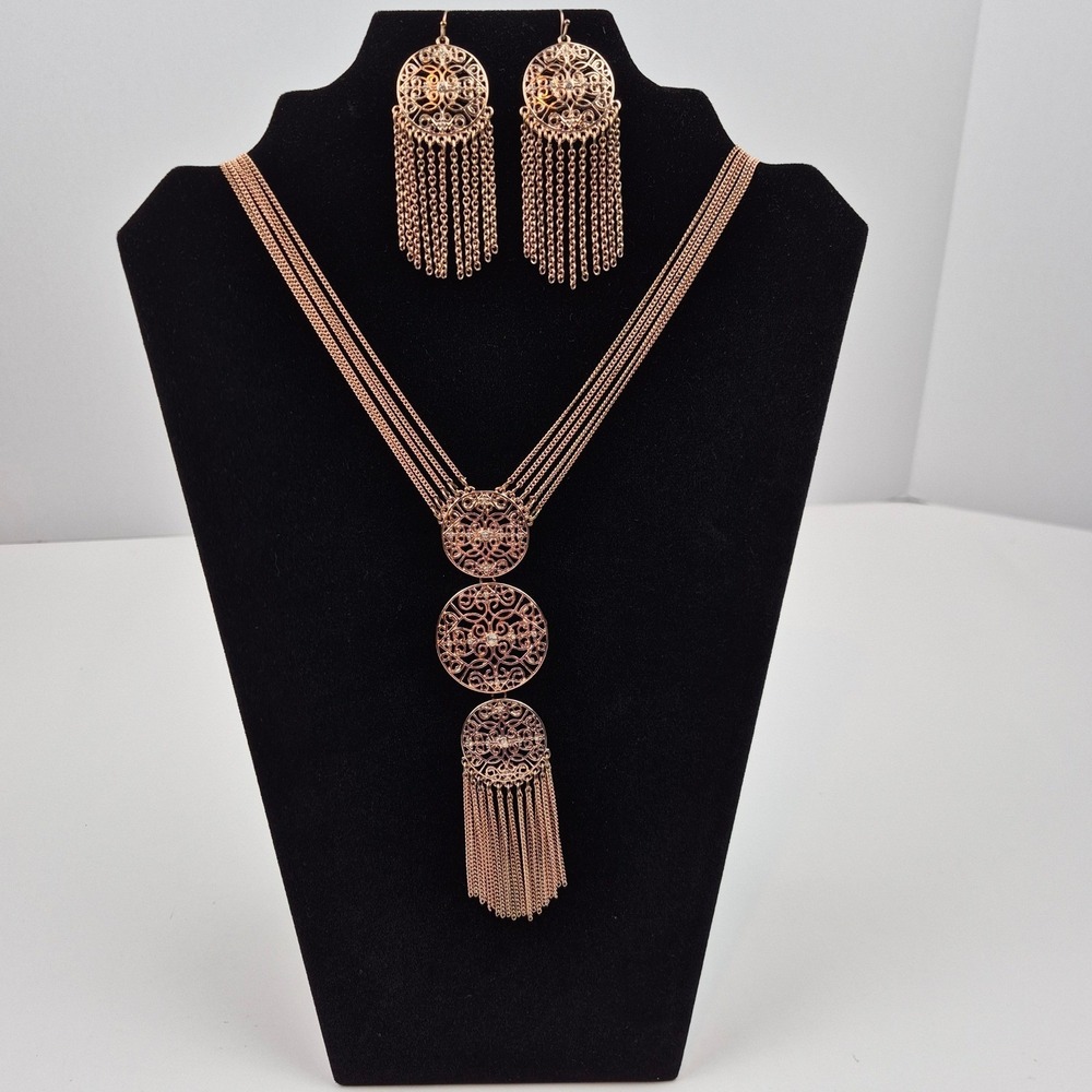 Statement Necklace Earrings Set Rose Gold‎ Tone Filigree Pendant Dangle Glam